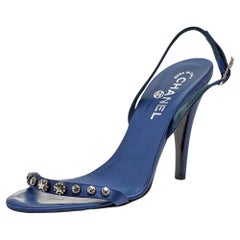 Chanel Blue Satin Crystal Embellished CC Star Slingback Sandals Size 40.5