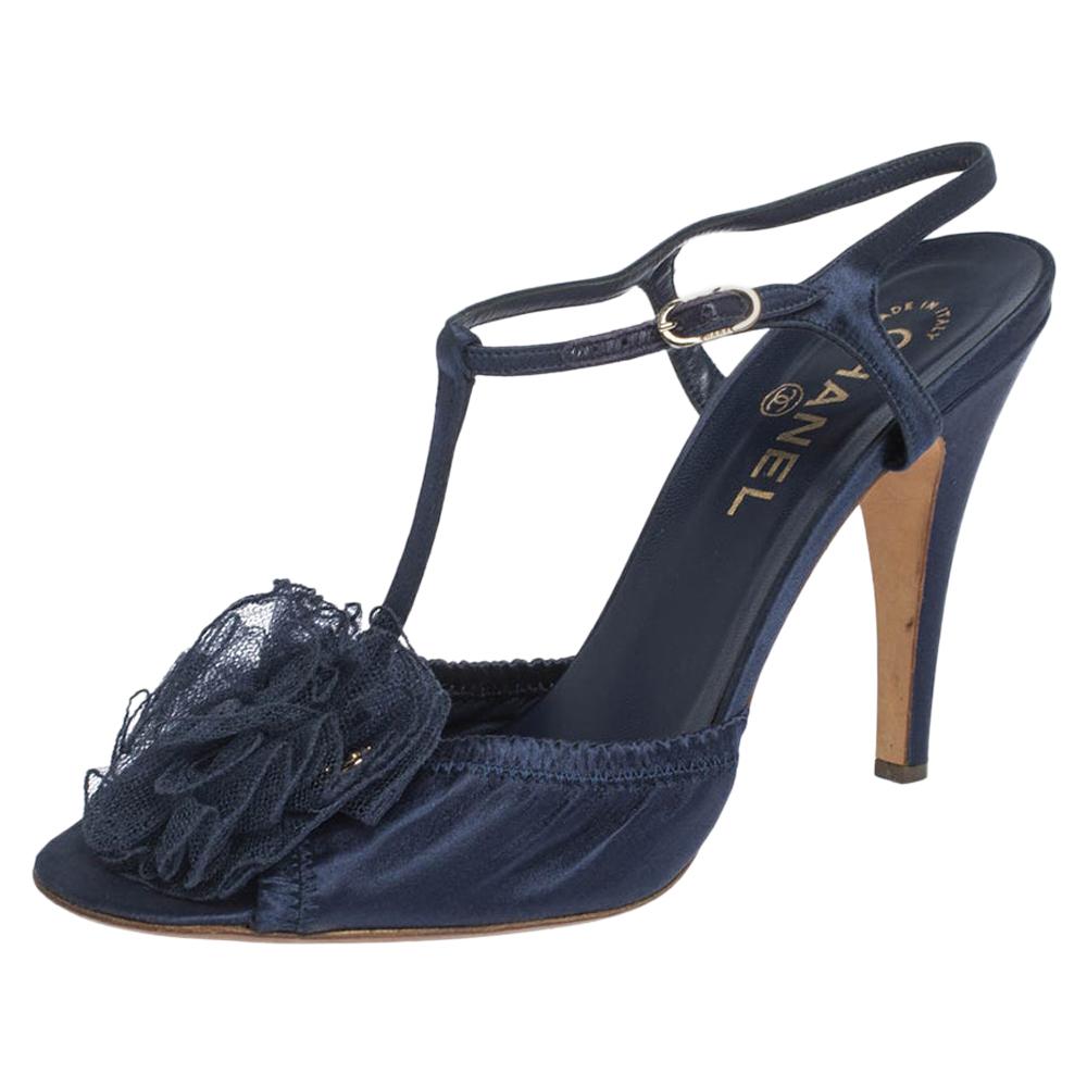 Chanel Blue Satin Flower Scrunch Peep Toe Ankle Strap Sandals Size 40