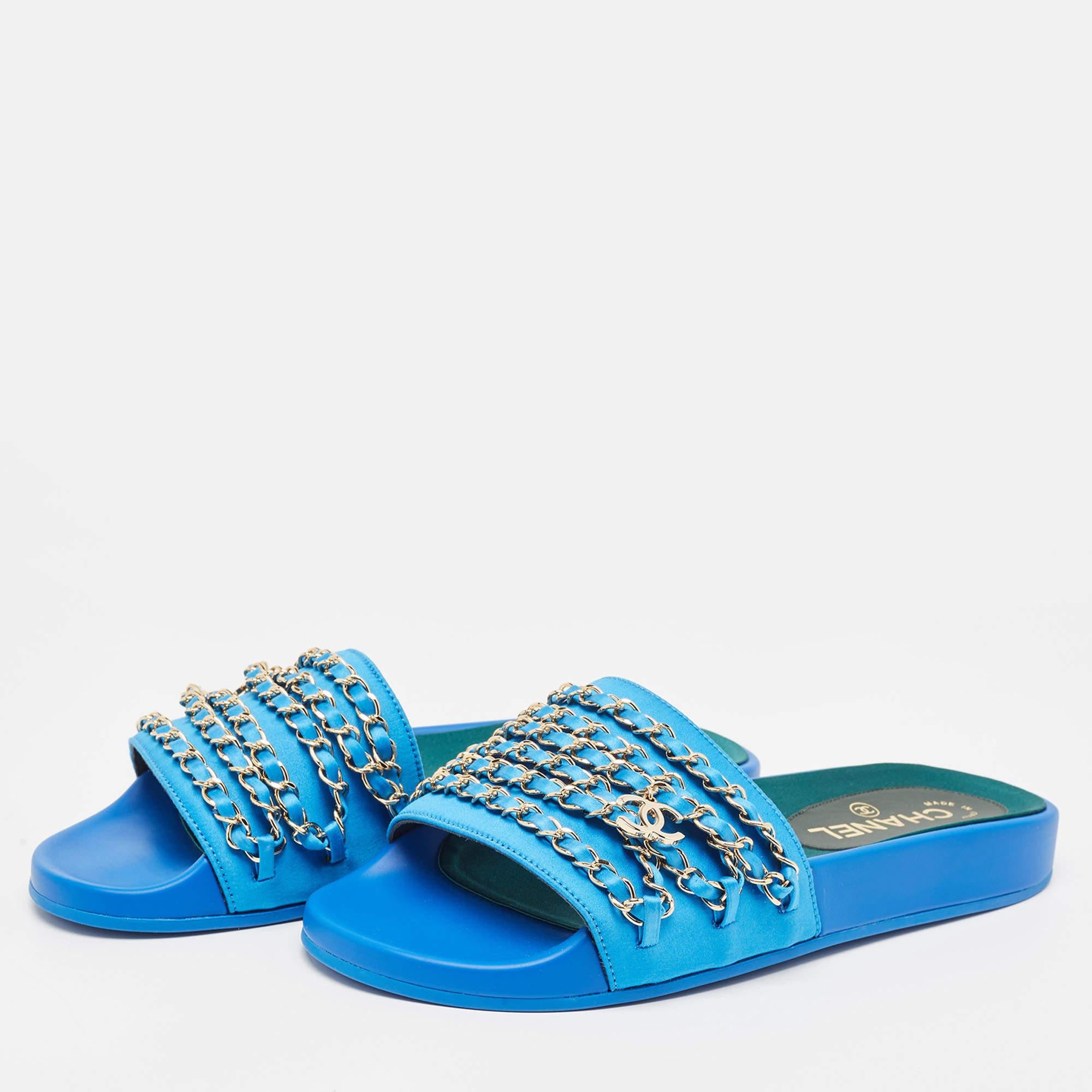 Chanel Blue Satin Tropiconic Chain Detail Flat Slides Size 38 1