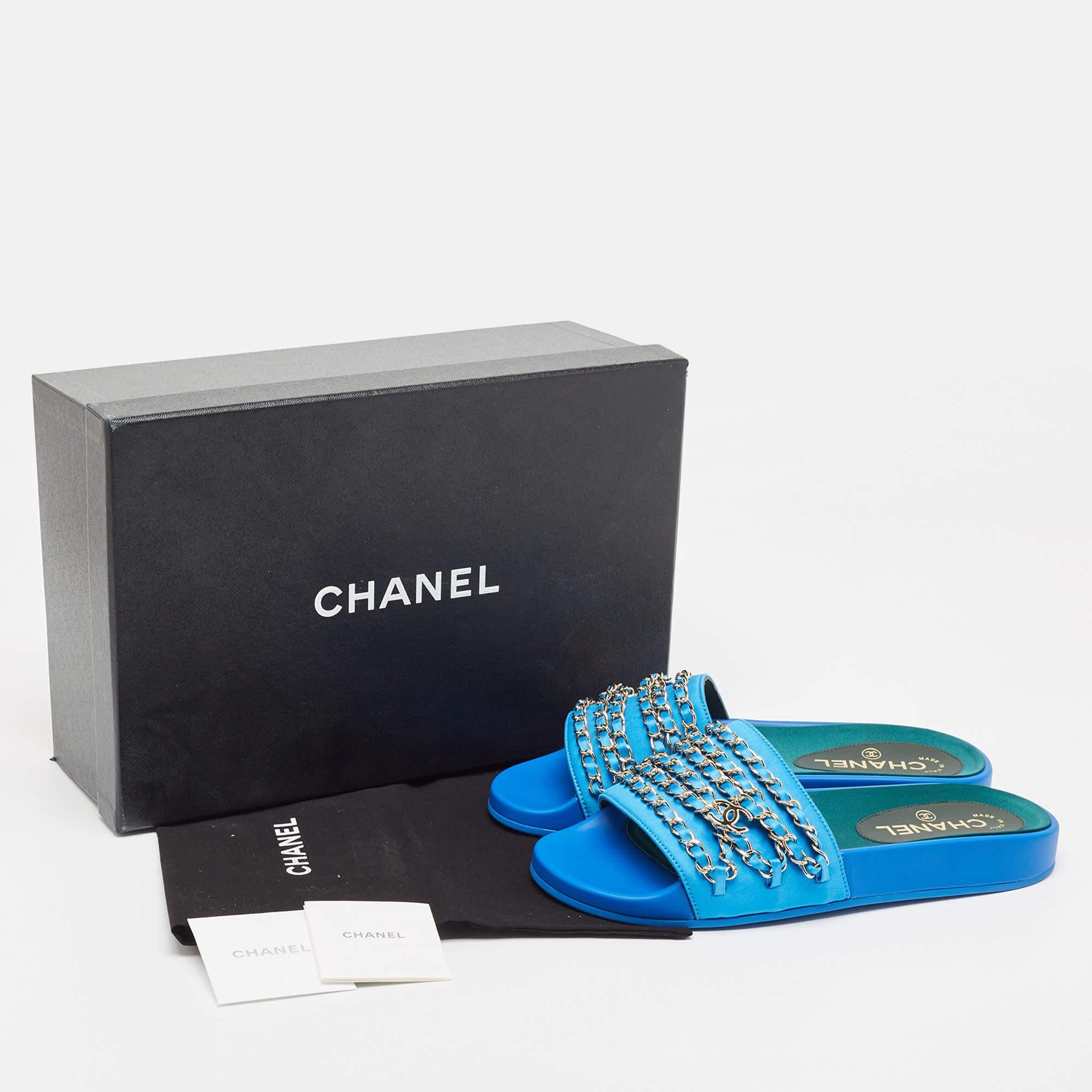 Chanel Blue Satin Tropiconic Chain Detail Flat Slides Size 38 2