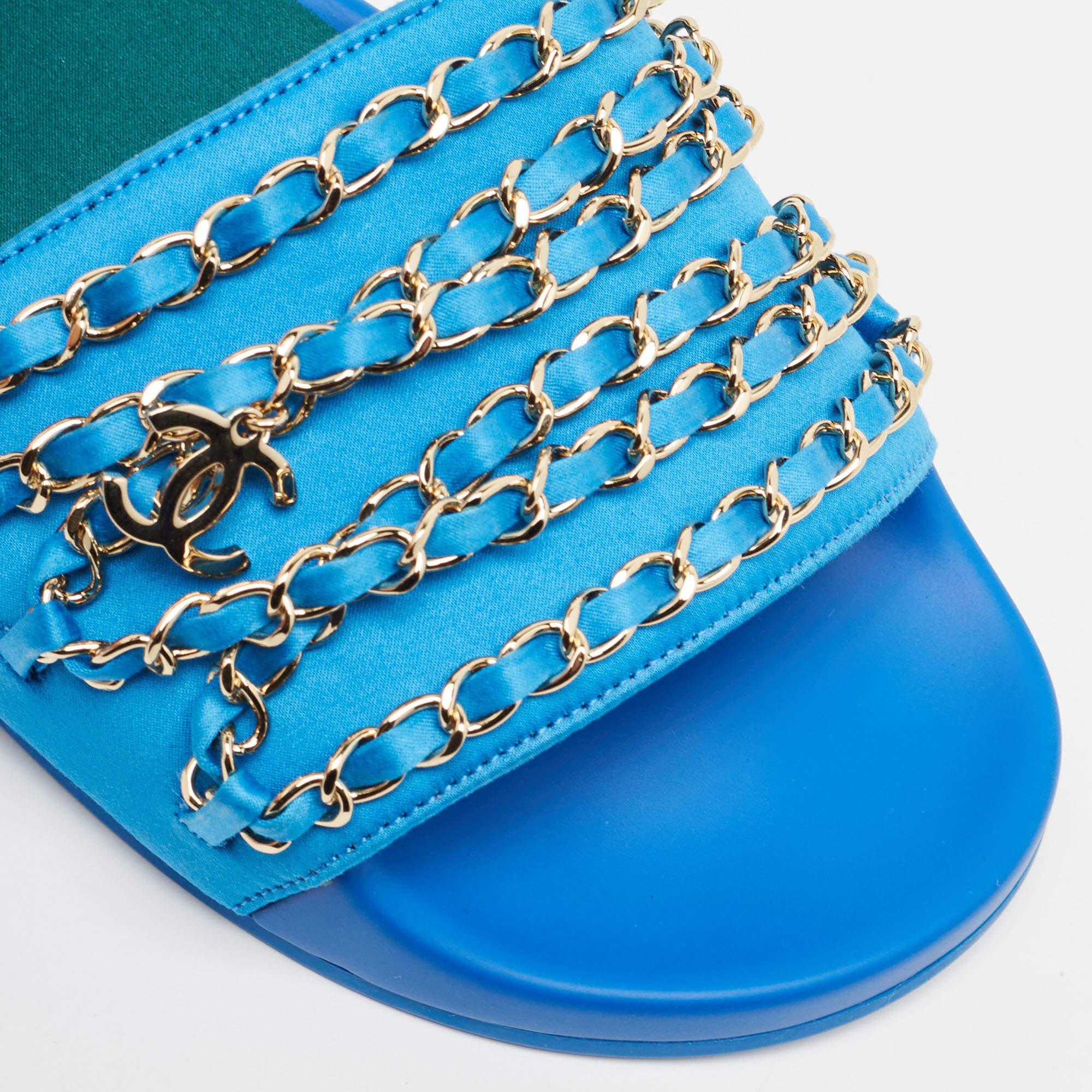 Chanel Blue Satin Tropiconic Chain Detail Flat Slides Size 38 4