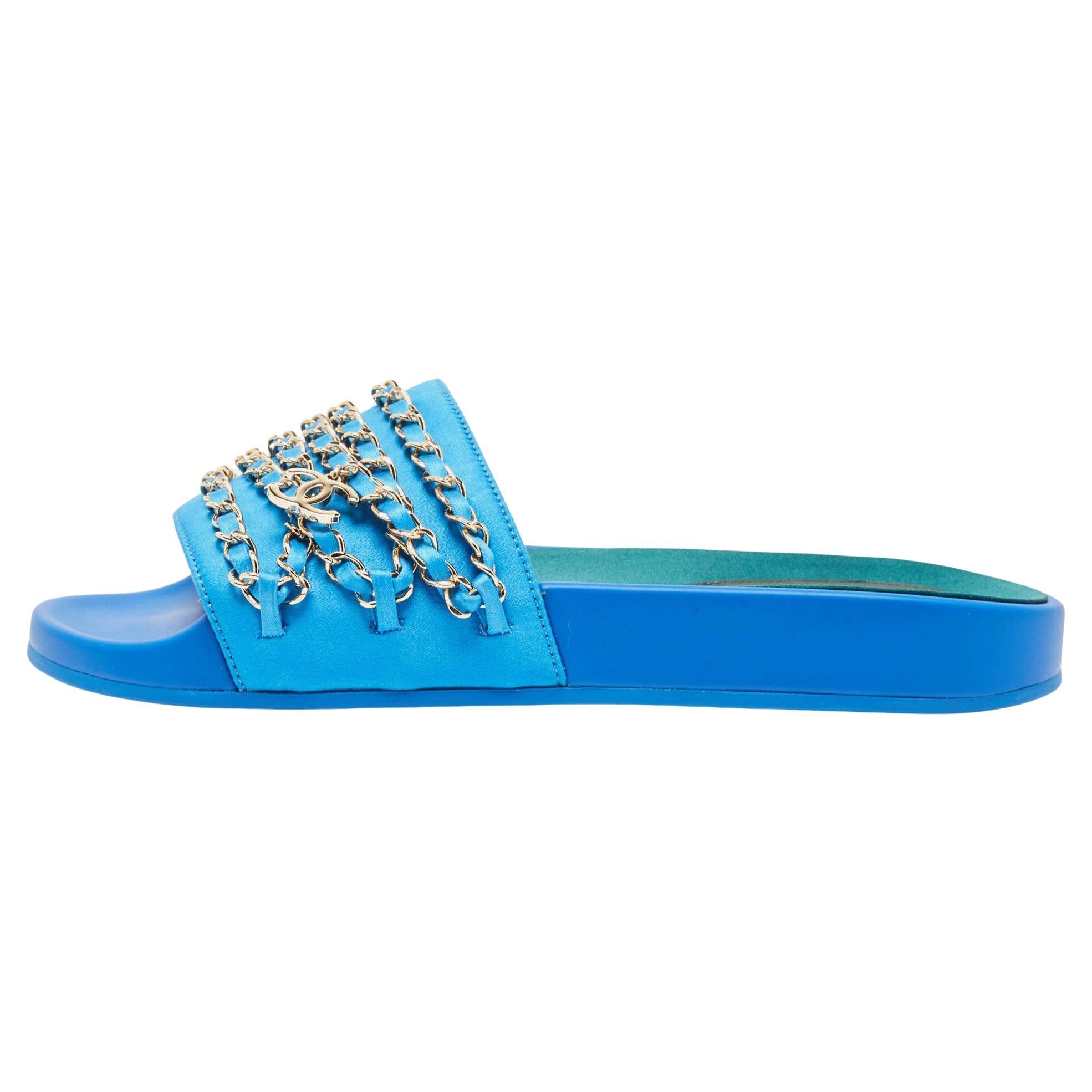 Chanel Blue Satin Tropiconic Chain Detail Flat Slides Size 38