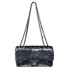 Chanel Blue Sequin Medium Classic Flap Bag with Silver Hardware
