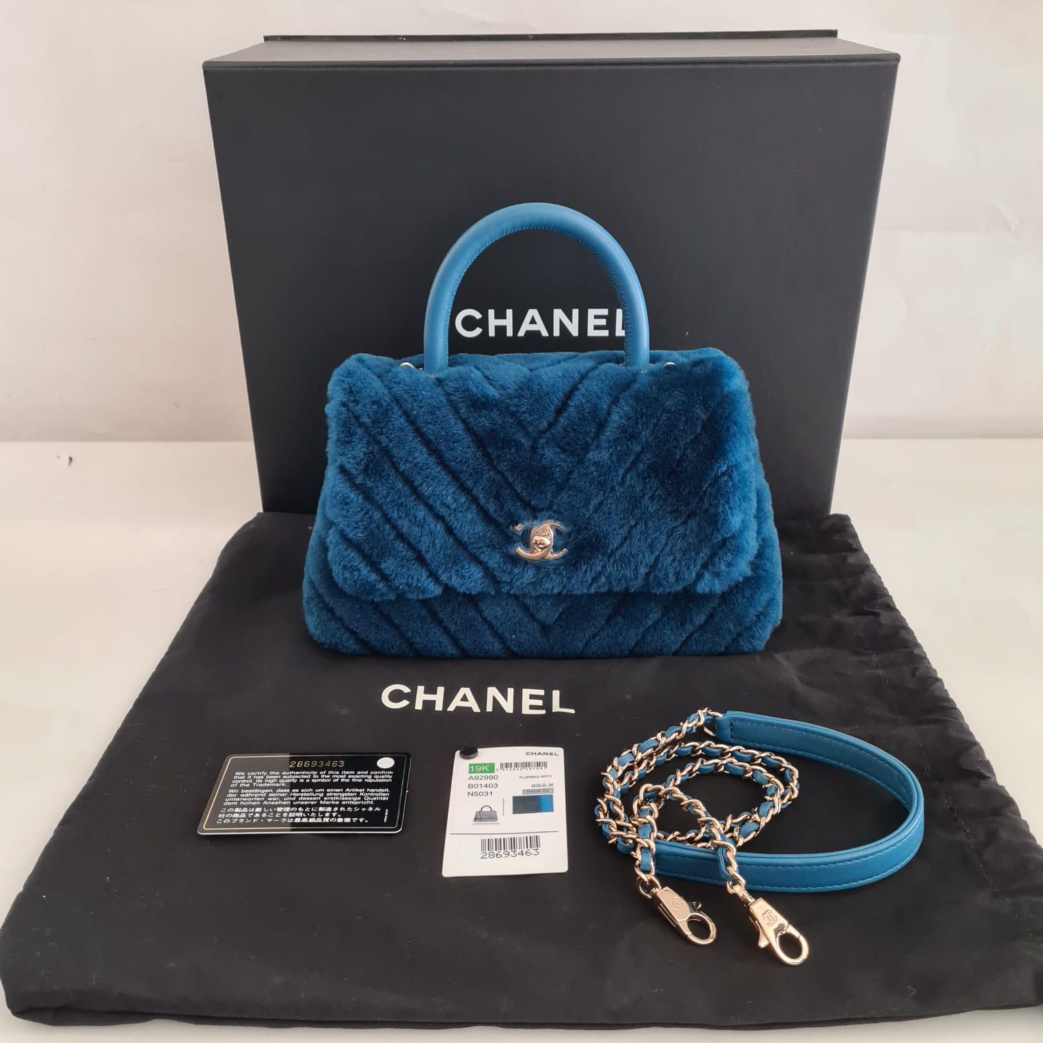 Chanel Blue Shearling Fur Coco Handle Top Handle Bag 13