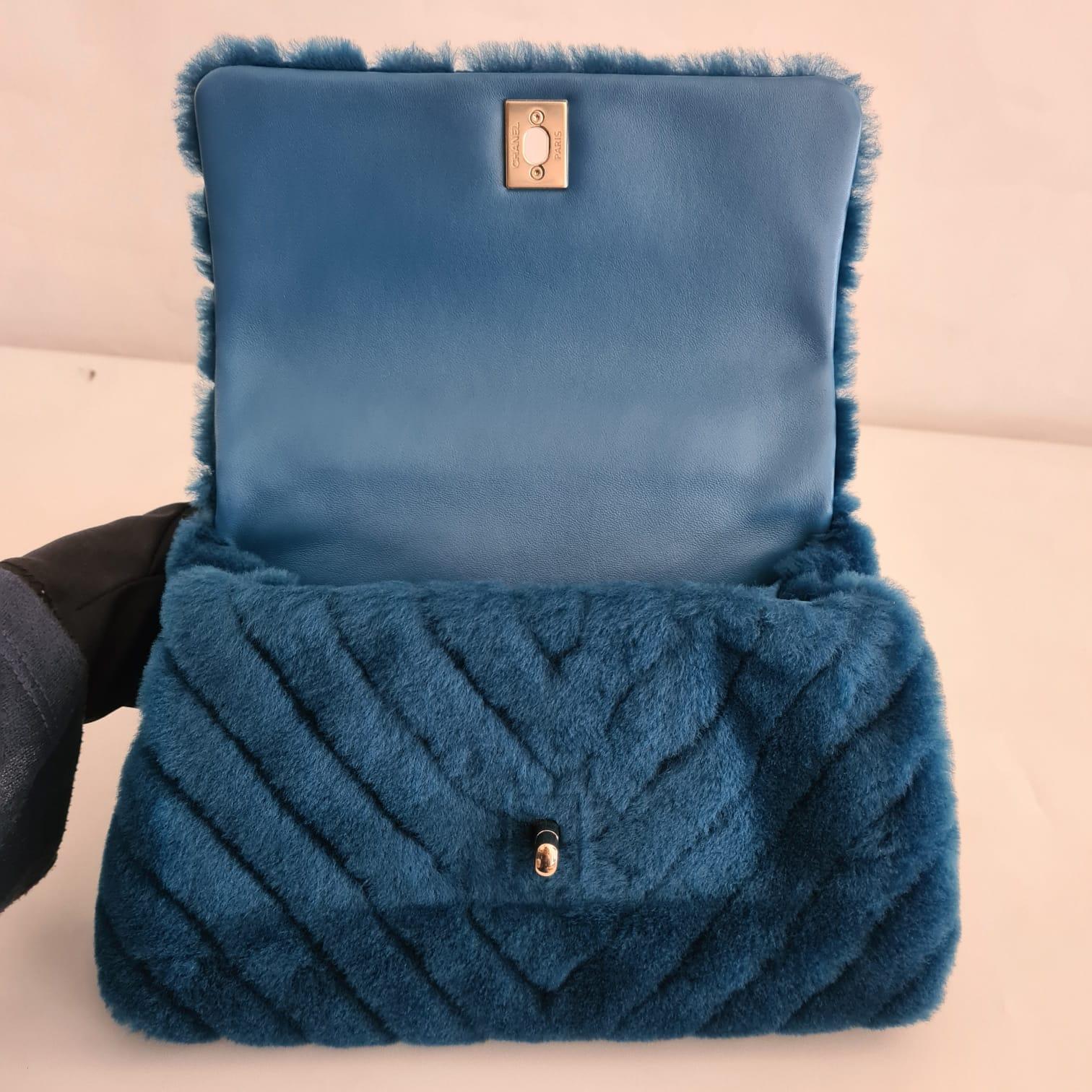 Women's or Men's Chanel Blue Shearling Fur Coco Handle Top Handle Bag