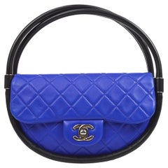 CHANEL Blue Sheepskin Quilted Leather Silver Small Hula Hoop Top Handle Bag