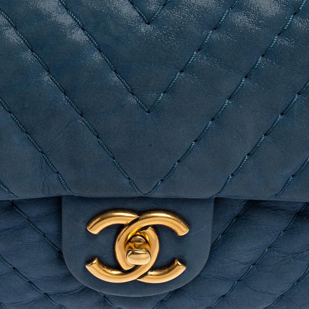 Chanel Blue Shimmer Leather Surpique Chevron Medium Flap Bag 5