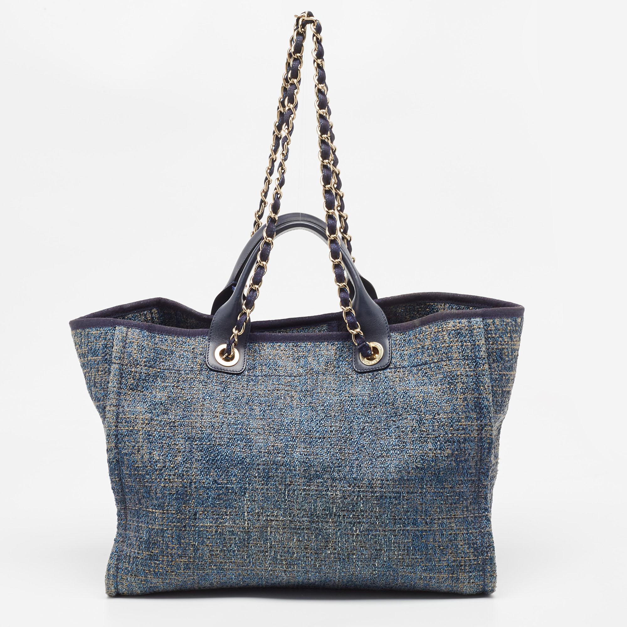 Chanel Blue Shimmer Tweed and Leather Large Deauville Shopper Tote 1