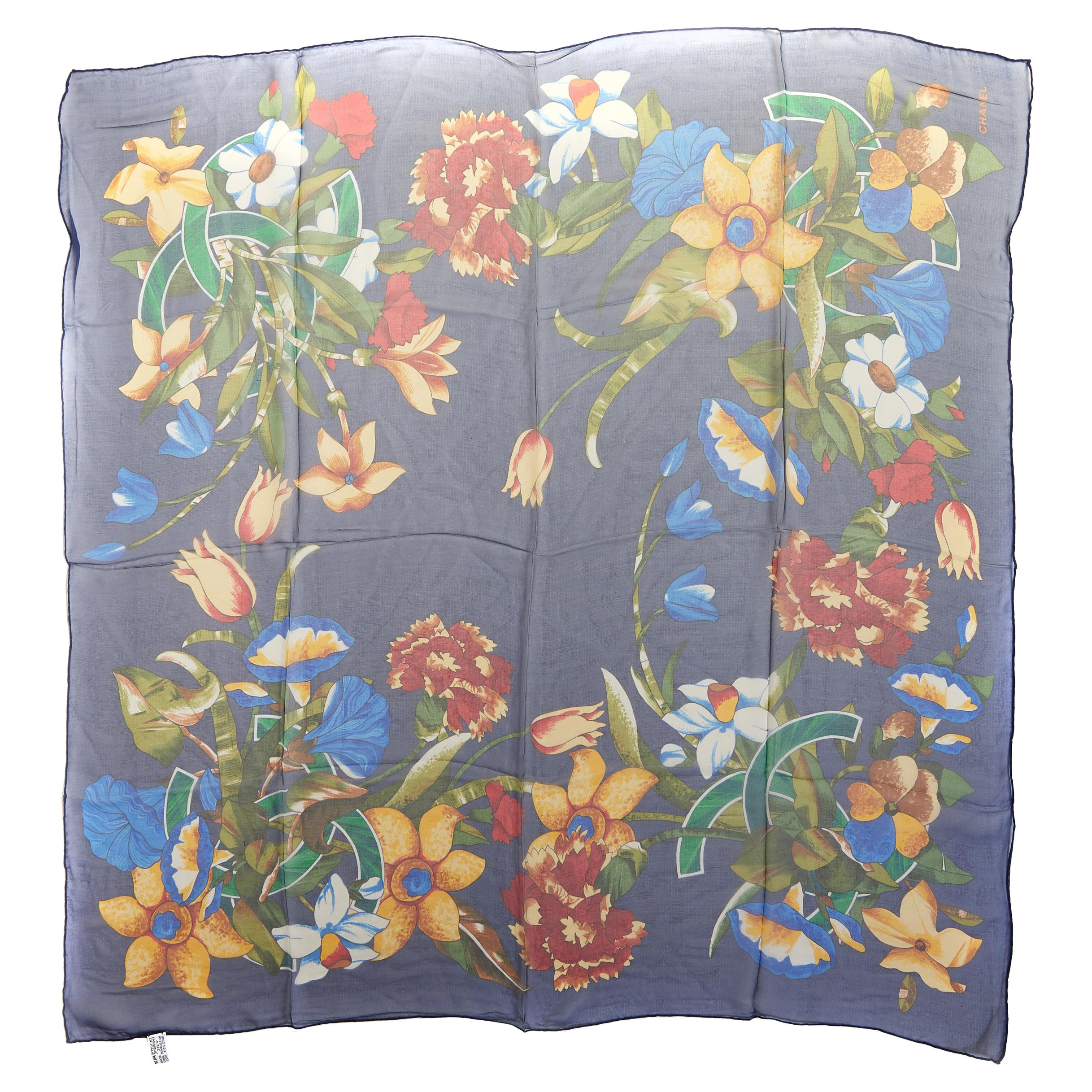 Chanel Blue Silk Chiffon Flower Scarf
