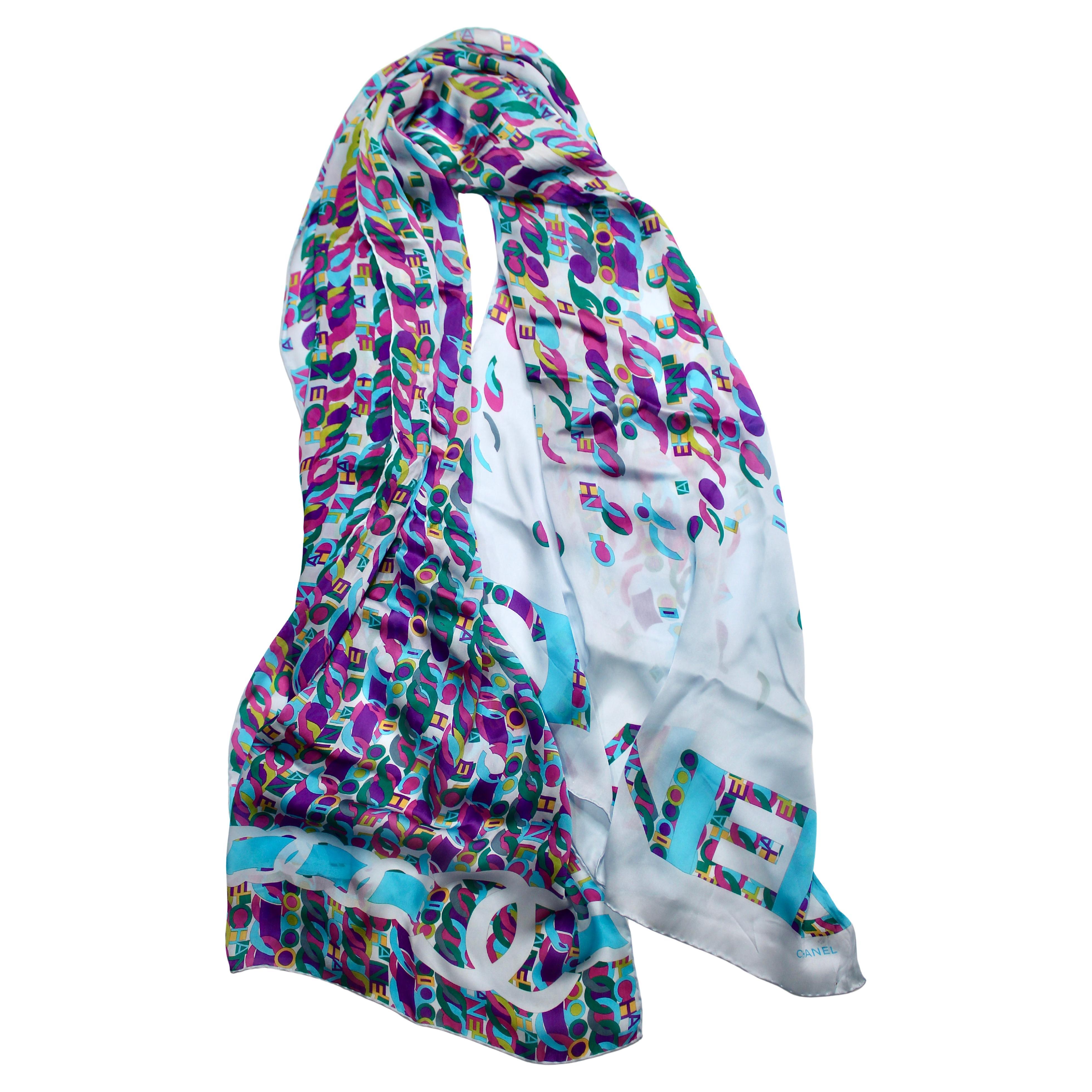 Chanel Blue Silk Multicolor Logo Print Scarf en vente