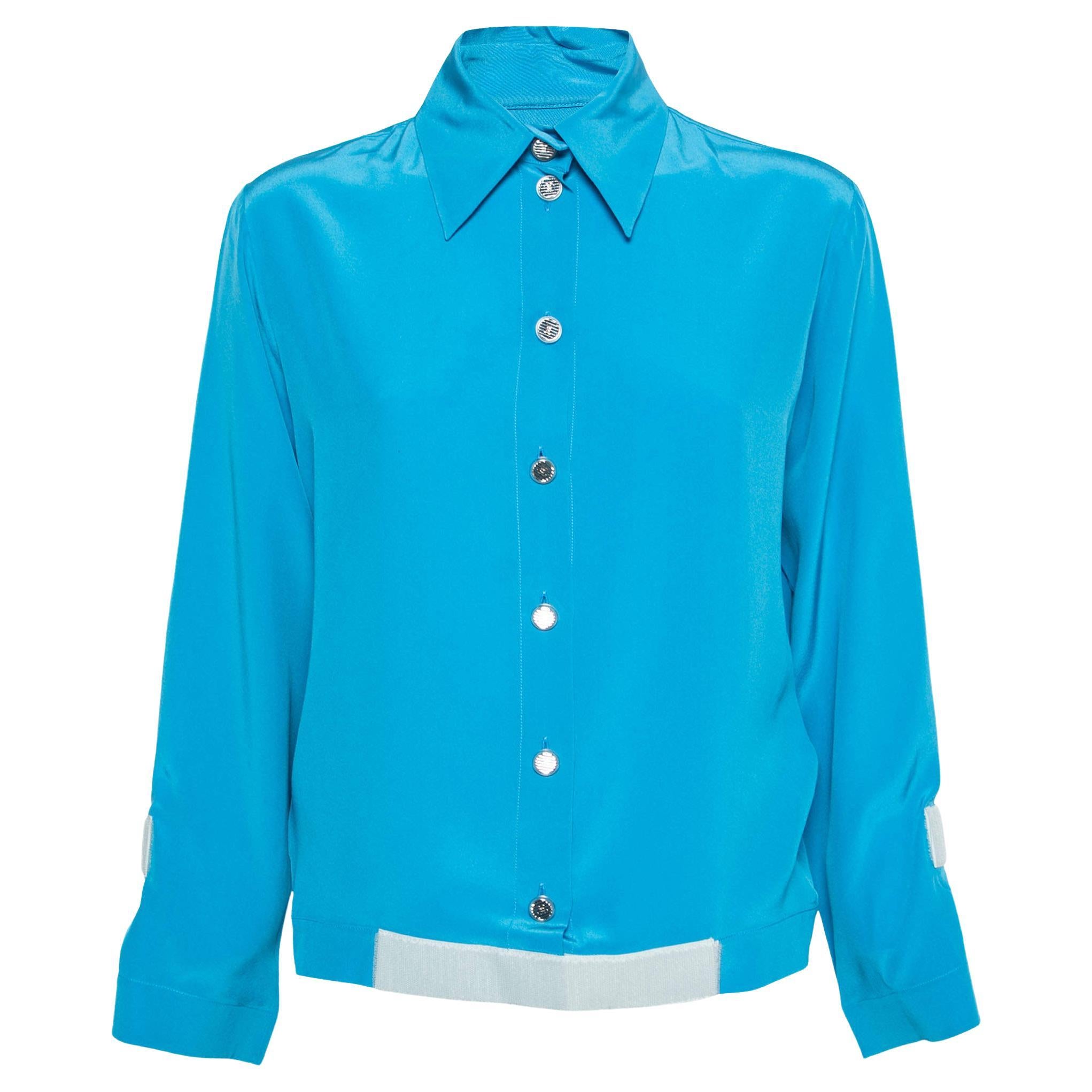 Chanel Blue Silk Velcro Trimmed Button Front Blouse S For Sale