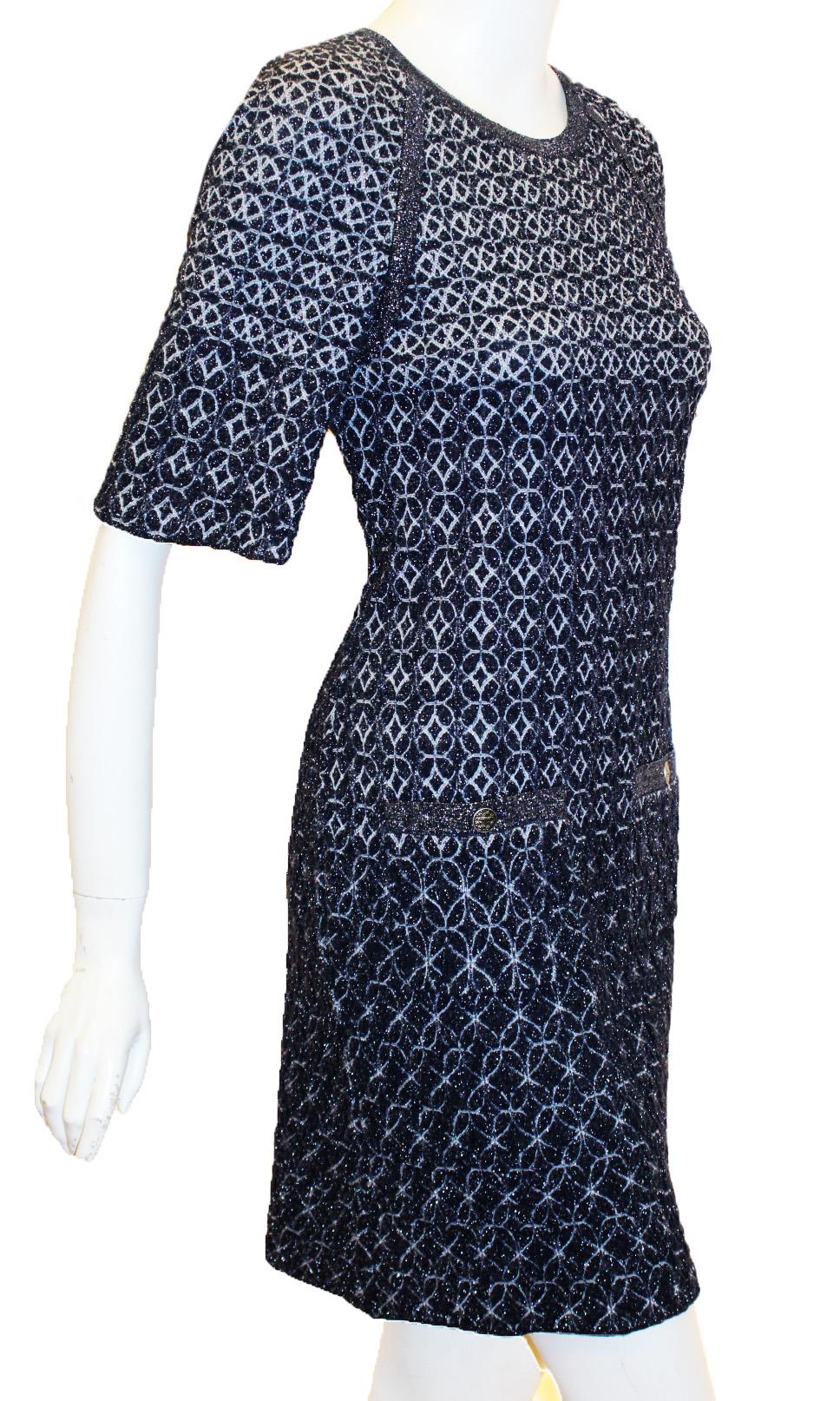Black Chanel Blue & Silver Metallic Threads Abstract Knit Dress For Sale