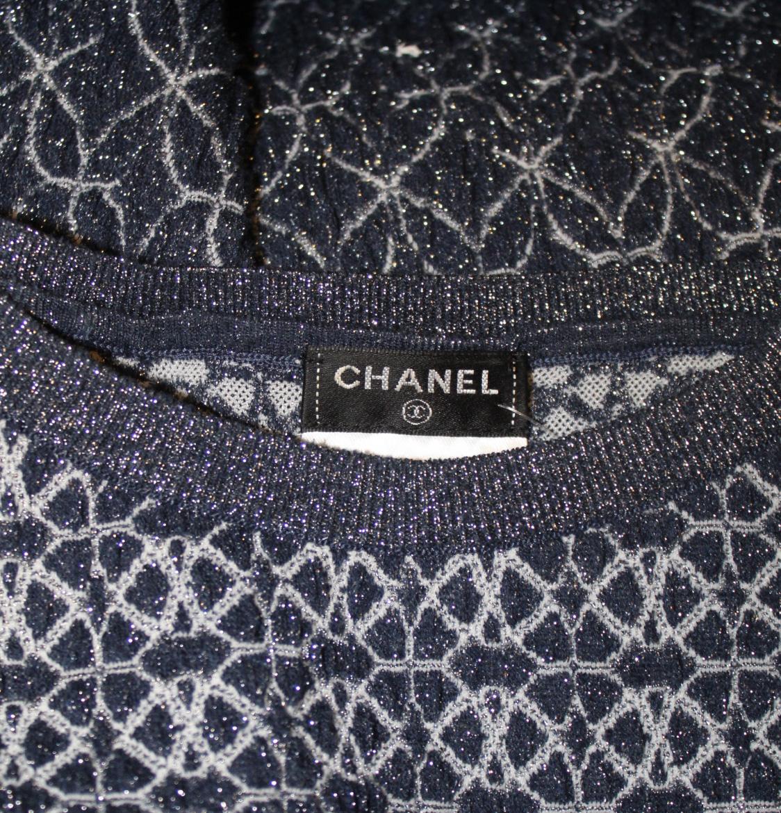 Chanel Blue & Silver Metallic Threads Abstract Knit Dress In Excellent Condition For Sale In Palm Beach, FL
