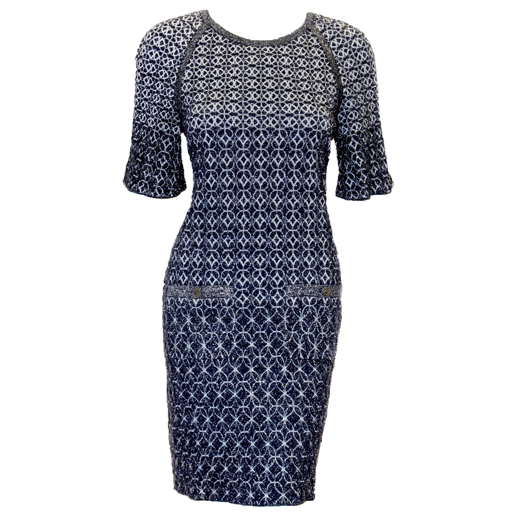 Chanel Blue & Silver Metallic Threads Abstract Knit Dress For Sale