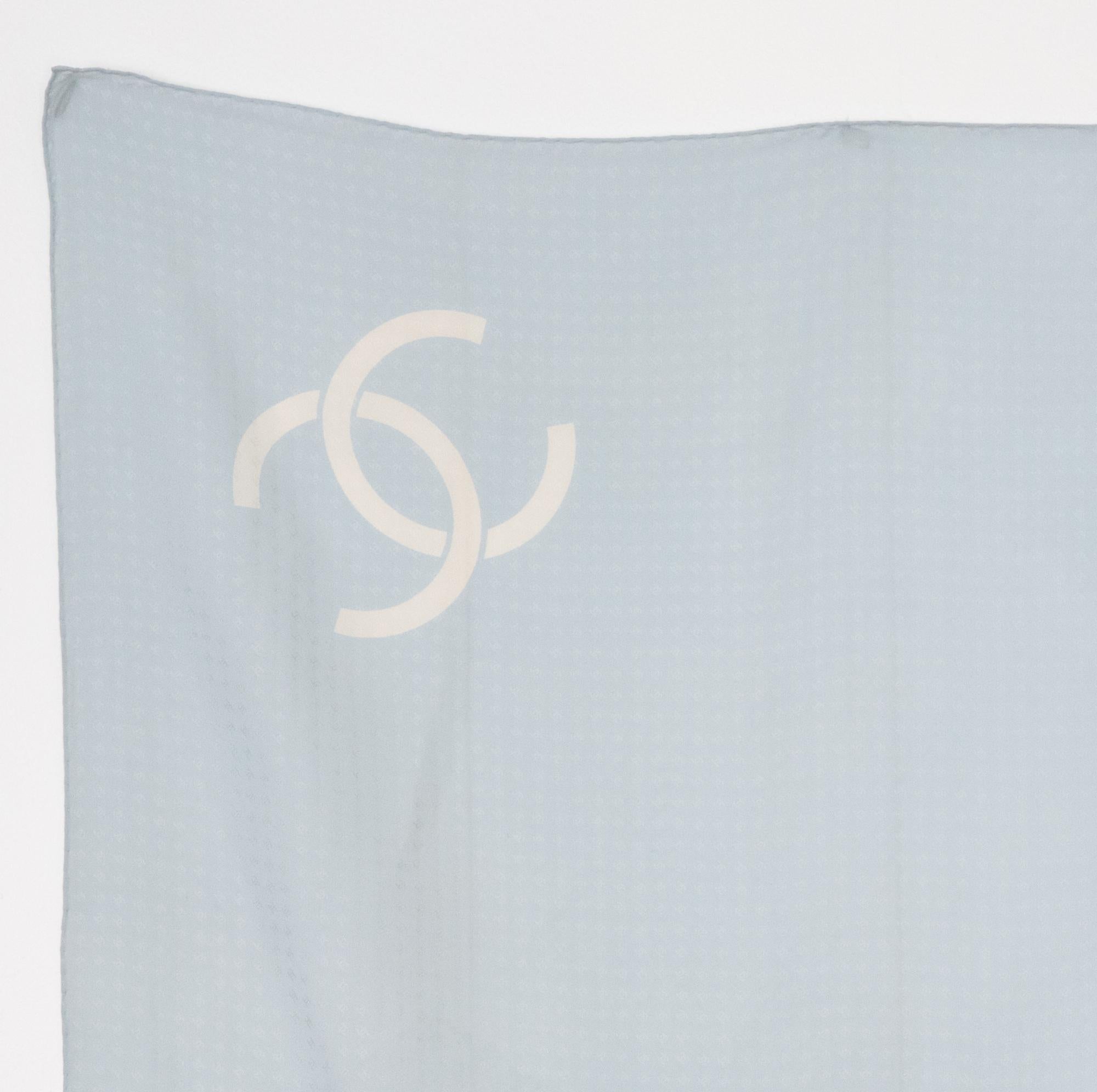 Chanel blue silk scarf  featuring a jacquard ground ivory CC in the four corners.
In good vintage condition. Made in France.
33.8in. (86cm)   X 33.8in. (86cm) 
We guarantee you will receive this  iconic item as described and showed on