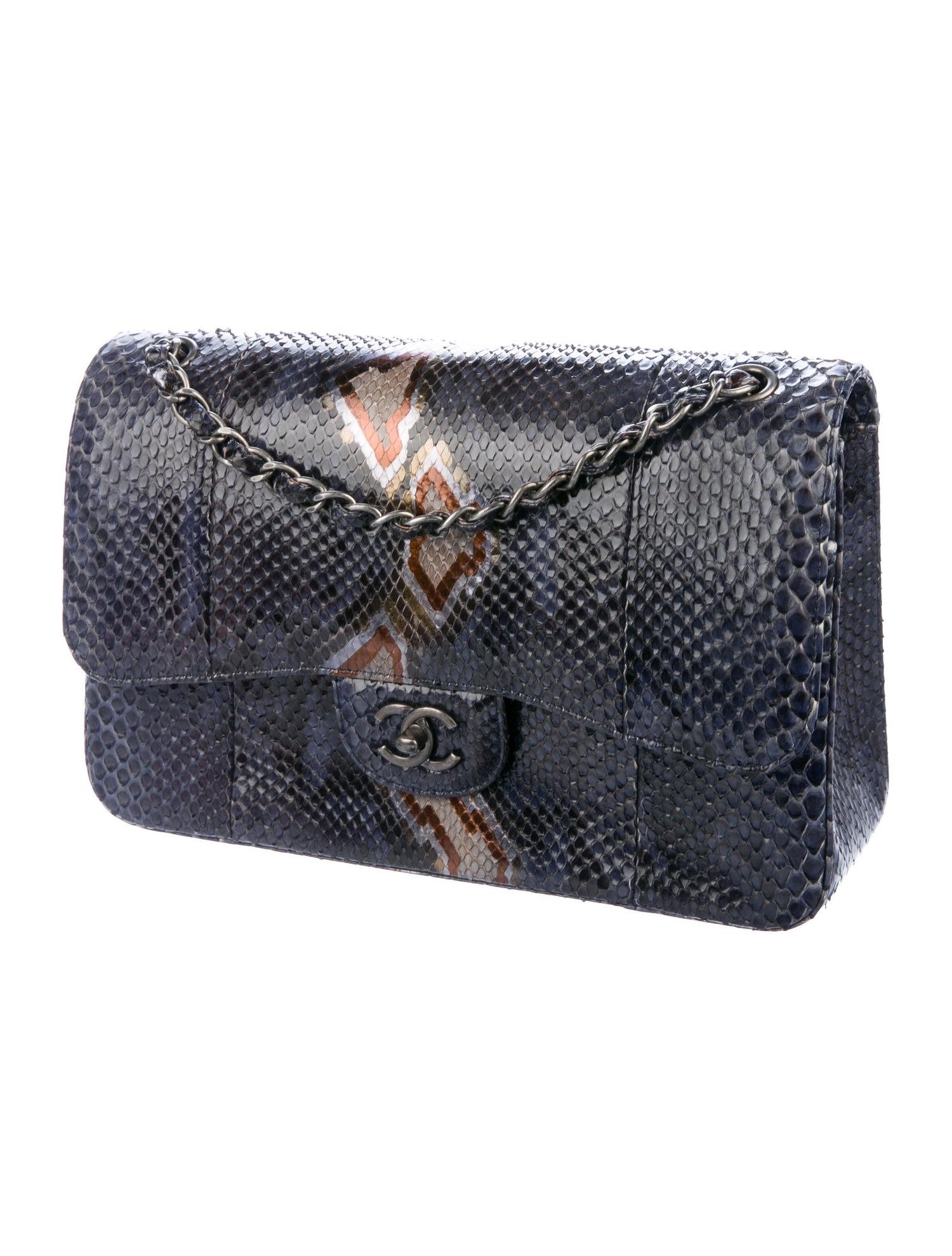 Black Chanel Blue Snakeskin Exotic Leather Large Evening Shoulder Flap Bag