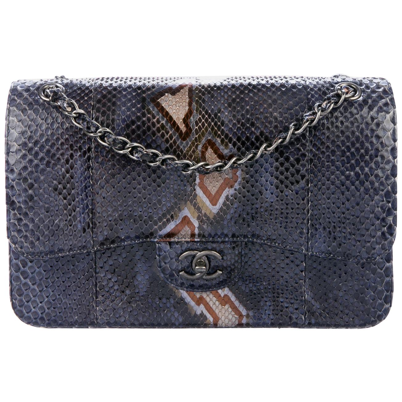 Chanel Blue Snakeskin Exotic Leather Large Evening Shoulder Flap Bag