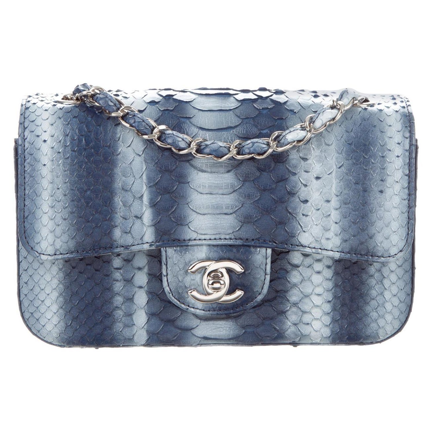 Chanel Blue Snakeskin Exotic Silver Evening Shoulder Flap in Box at 1stDibs | chanel snakeskin flap bag