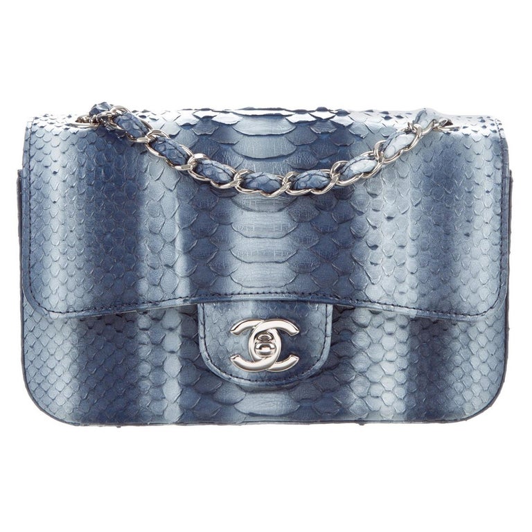 Chanel Blue Snakeskin Exotic Silver Small Evening Shoulder Flap Bag in ...