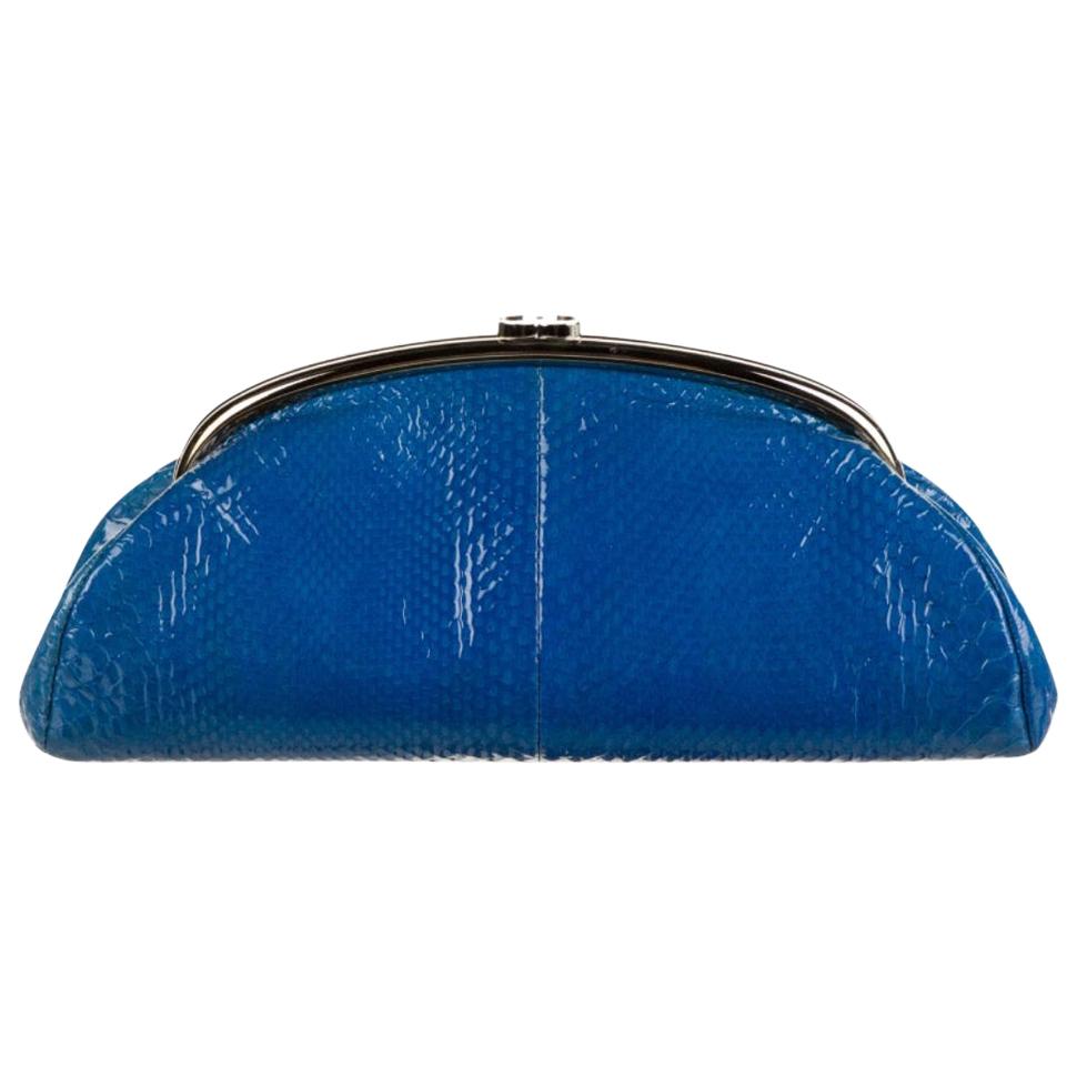Chanel Blue Snakeskin Exotic Skin Leather Silver Evening Clutch Flap Bag 