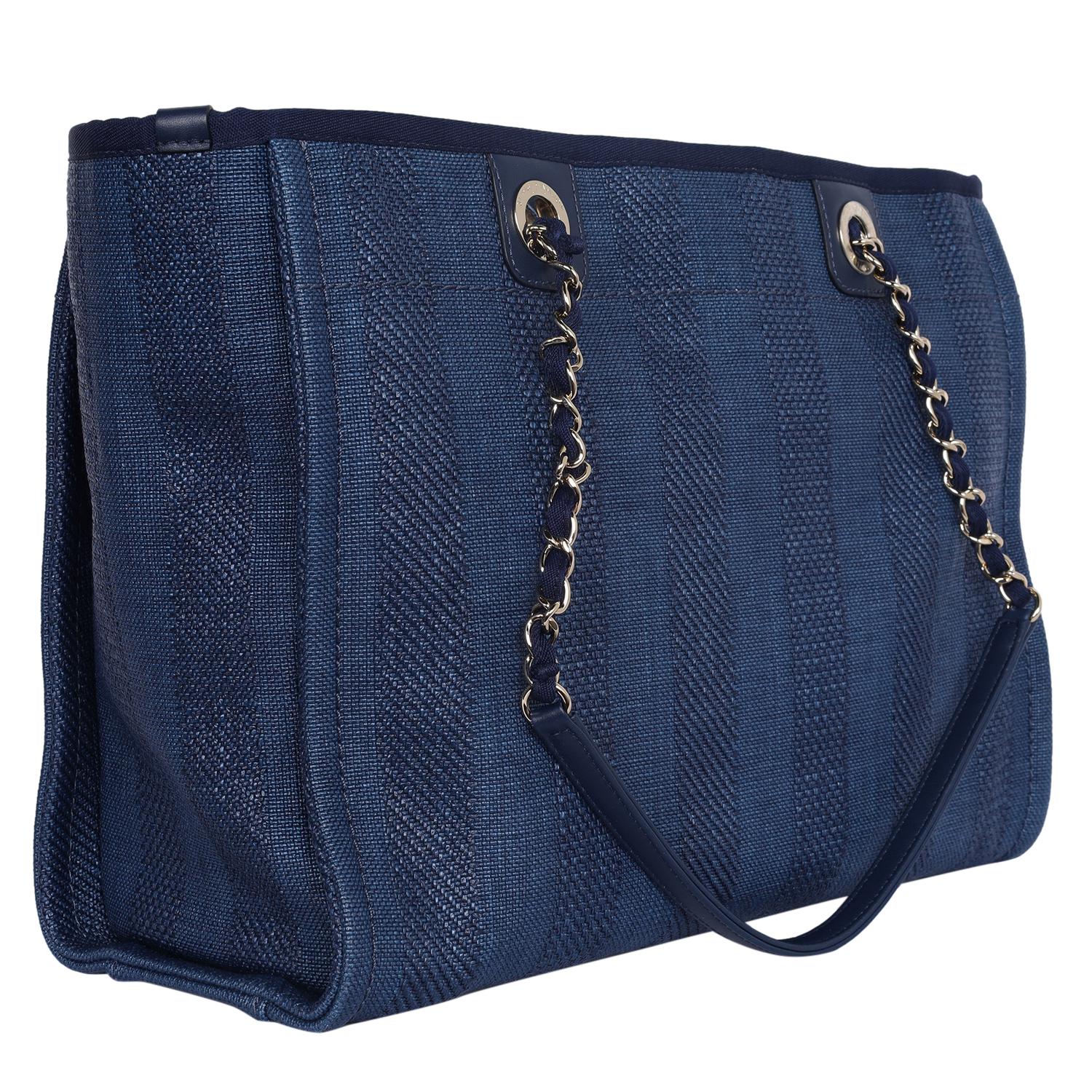 Chanel Blue Striped Mixed Fibers Medium Deauville Shoulder Bag Tote Navy 2019 3