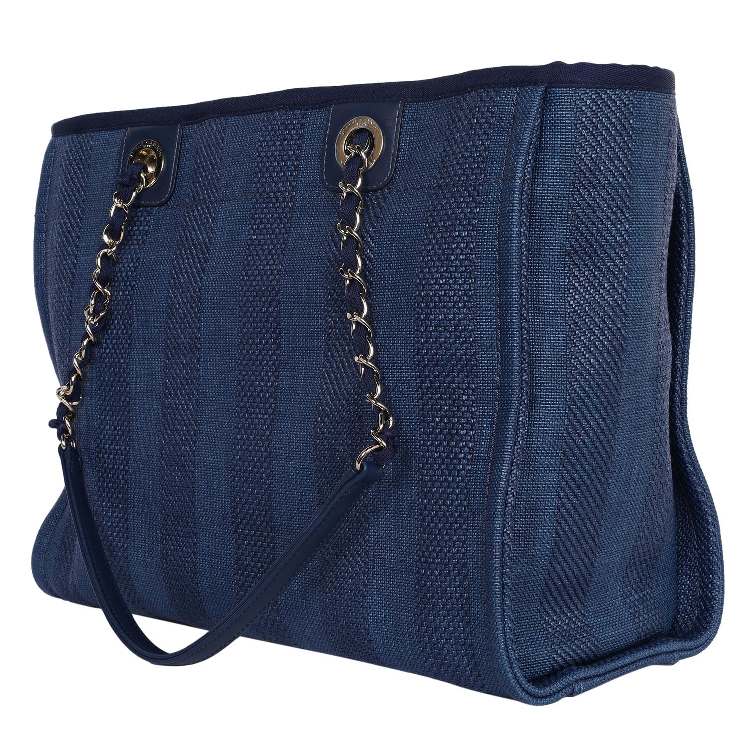 Chanel Blue Striped Mixed Fibers Medium Deauville Shoulder Bag Tote Navy 2019 4