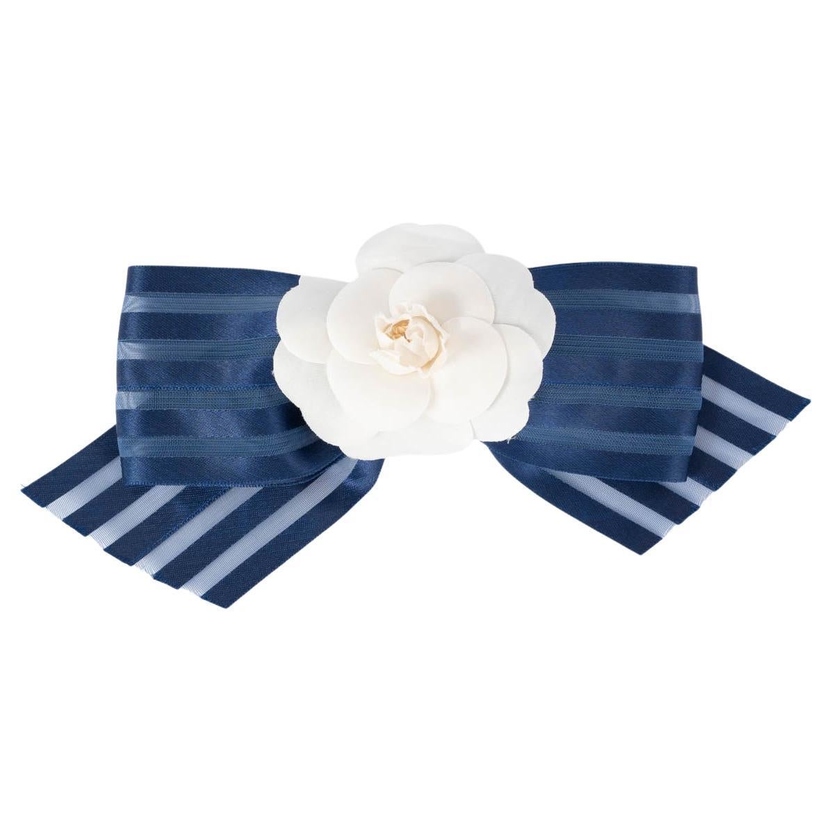 CHANEL blue striped ribbon & white CAMELLIA Bow Brooch For Sale