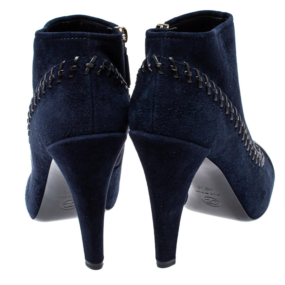 Black Chanel Blue Suede And Leather CC Ankle Boots Size 40.5