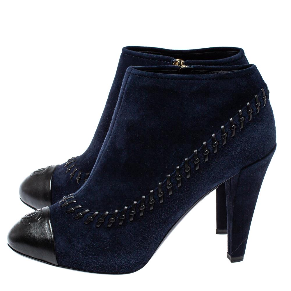 Chanel Blue Suede And Leather CC Ankle Boots Size 40.5 2