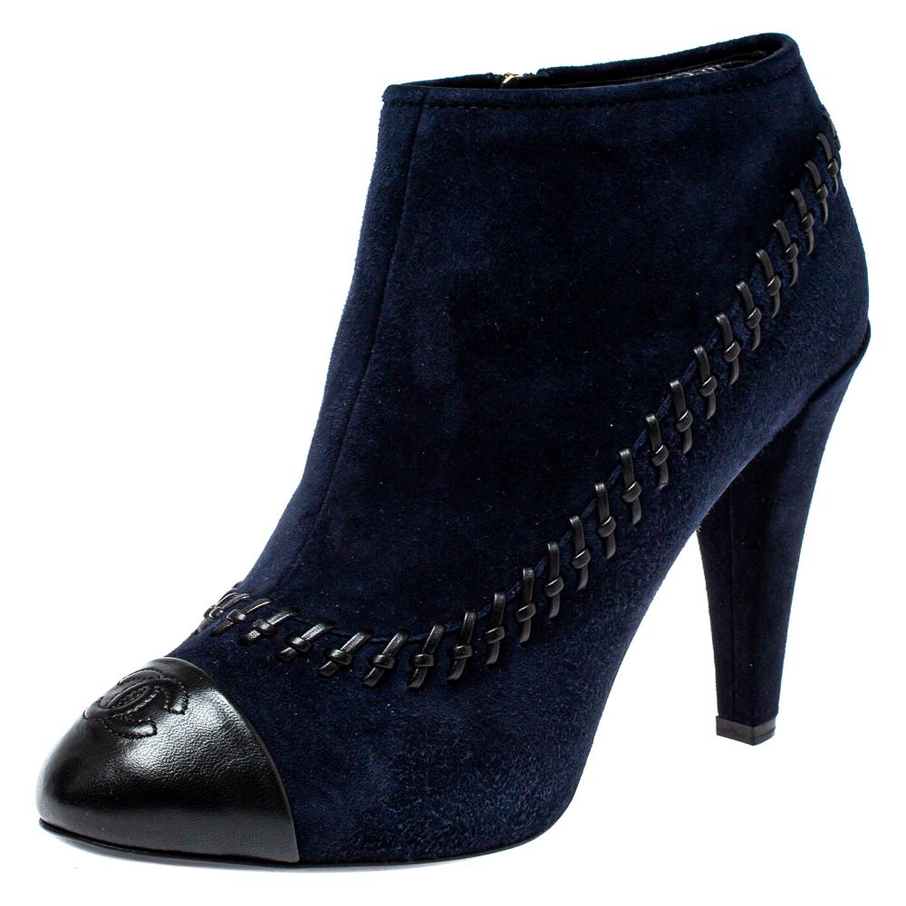 Chanel Blue Suede And Leather CC Ankle Boots Size 40.5