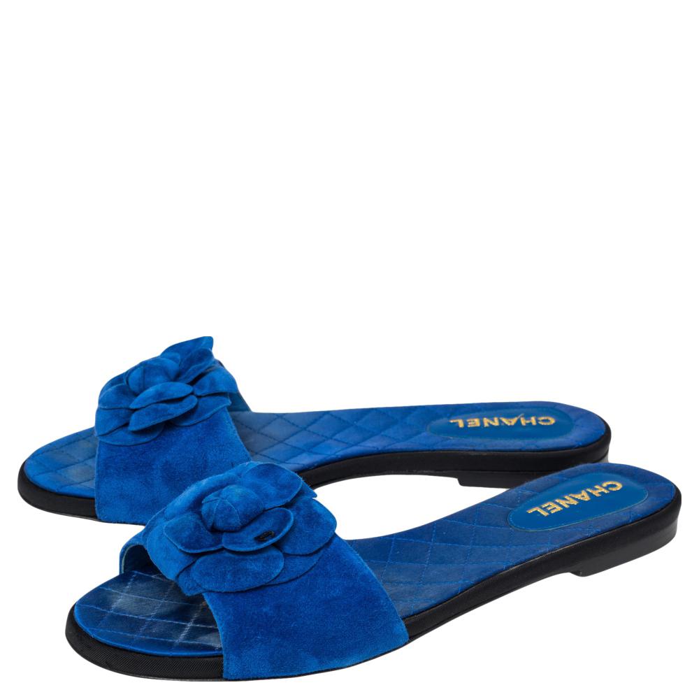 Women's Chanel Blue Suede Camellia Flat Sandals Size 39