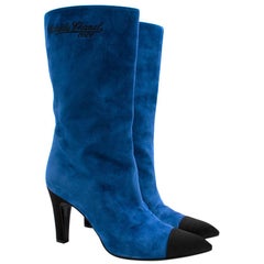 Chanel Blue Suede Gabrielle Cap-Toe Boots 39
