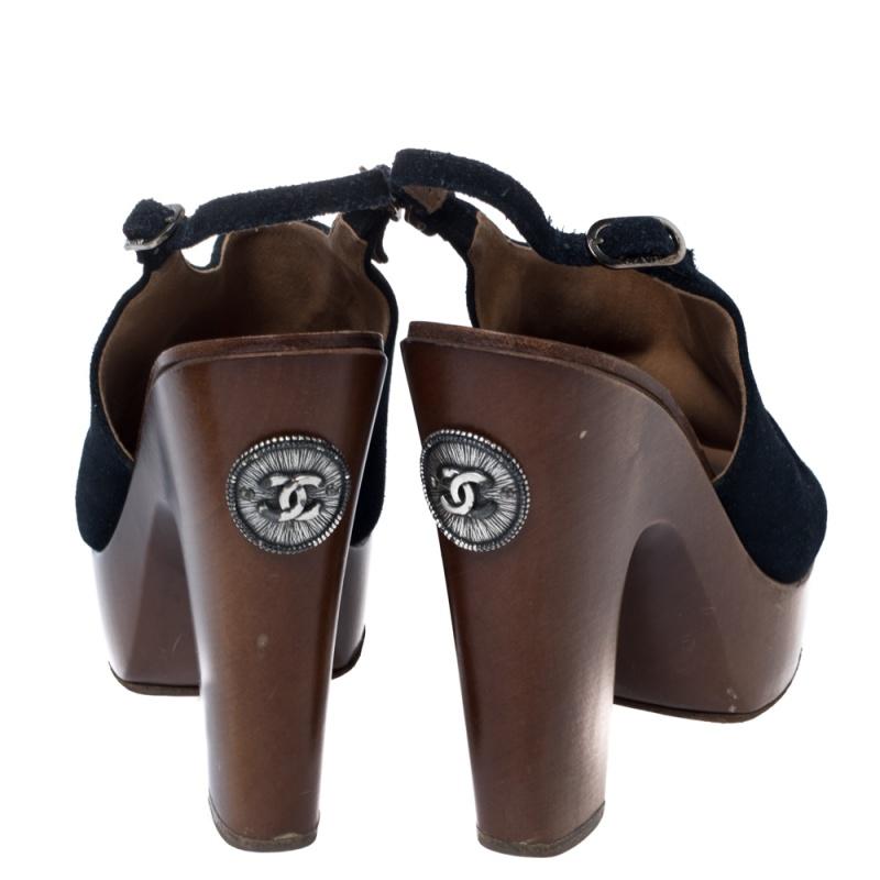 Black Chanel Blue Suede Platform Slingback Sandals Size 38