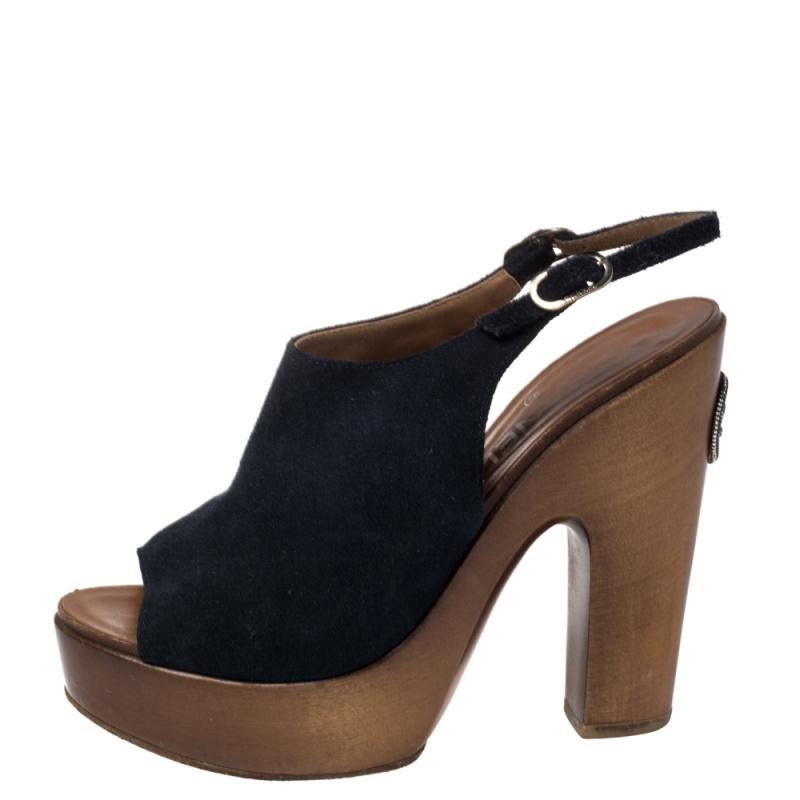 Women's Chanel Blue Suede Platform Slingback Sandals Size 38