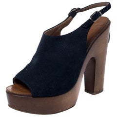 Chanel Blue Suede Platform Slingback Sandals Size 38