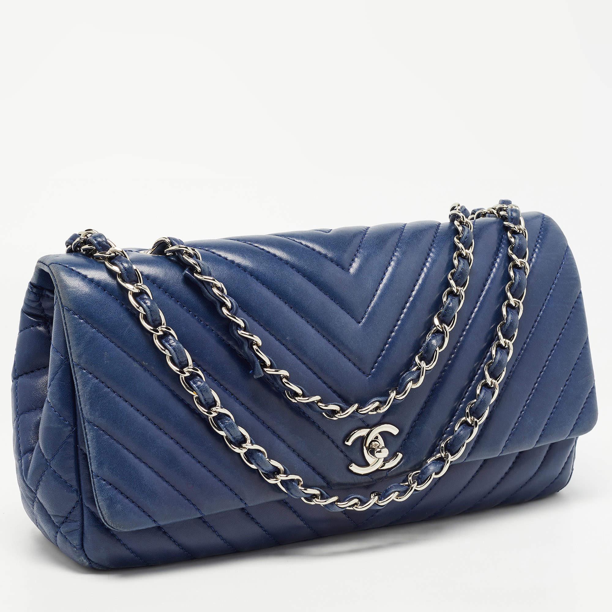 Women's Chanel Blue Surpique Chevron Leather CC Flap Bag