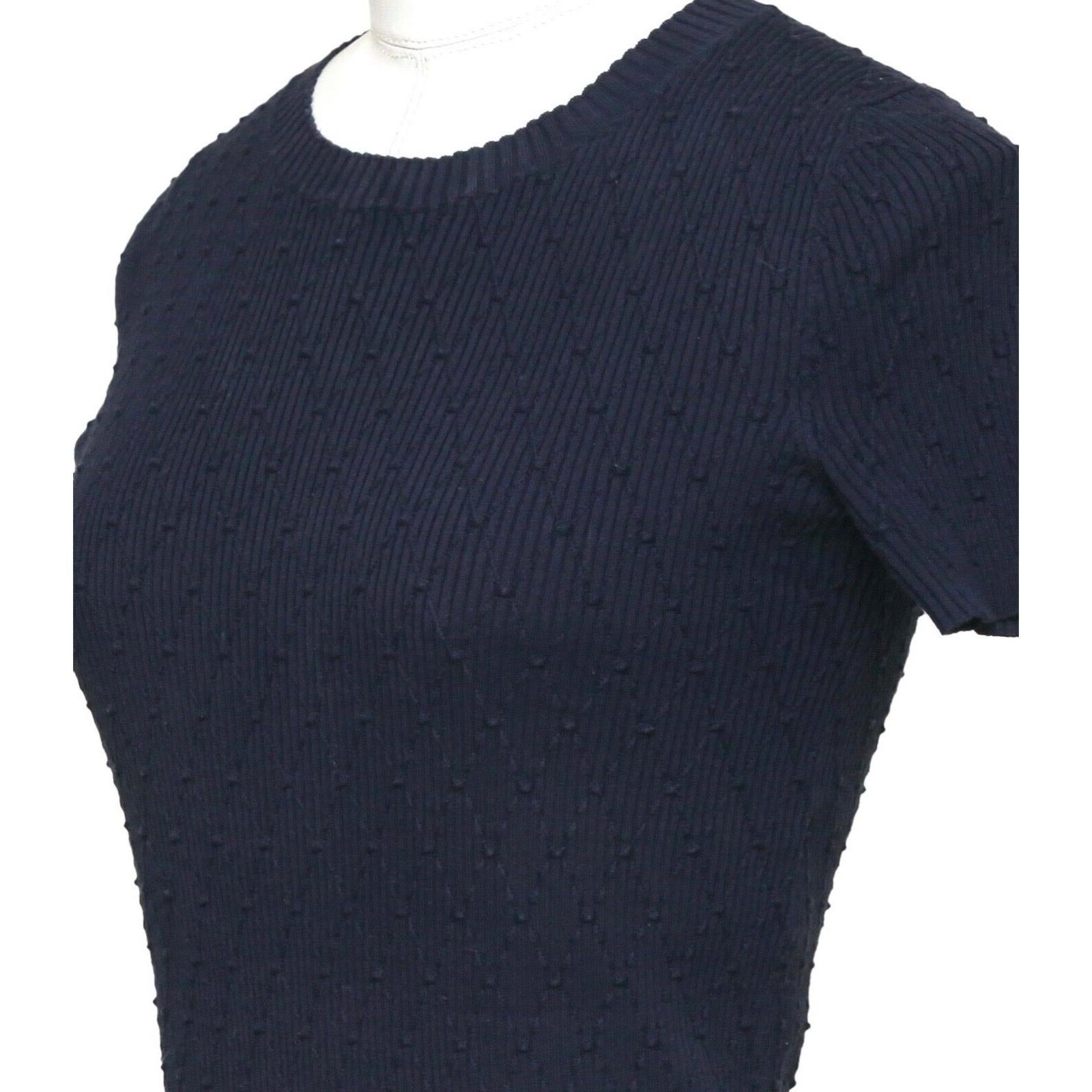 Black CHANEL Blue Sweater Top Knit Short Sleeve Navy Diamond Quilted CC Logo Sz 34 For Sale