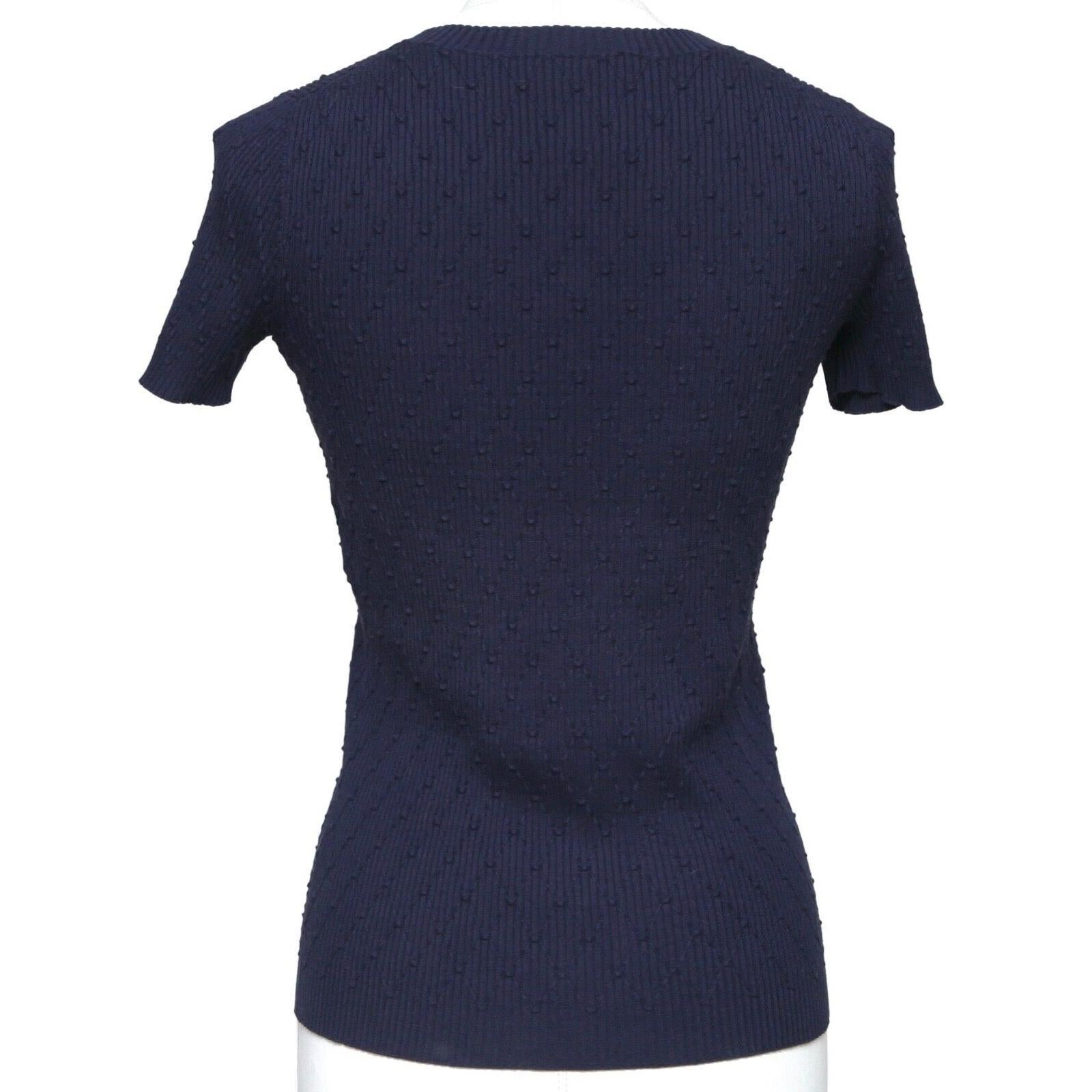 Women's CHANEL Blue Sweater Top Knit Short Sleeve Navy Diamond Quilted CC Logo Sz 34 For Sale