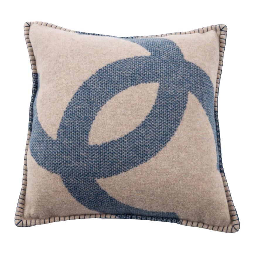 Chanel Blue Tan Beige Nude Cashmere Wool Blend Bed Couch Chair Throw Pillow For Sale