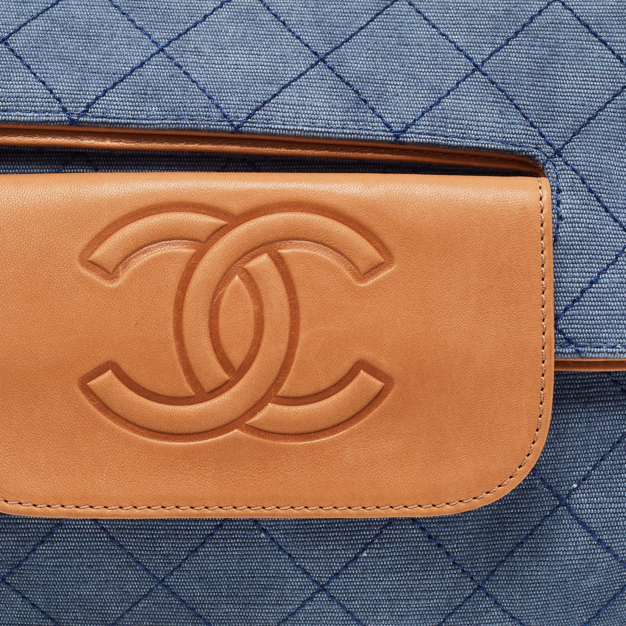 Chanel Blue/Tan Quilted Denim and Leather CC Flap Clutch 11