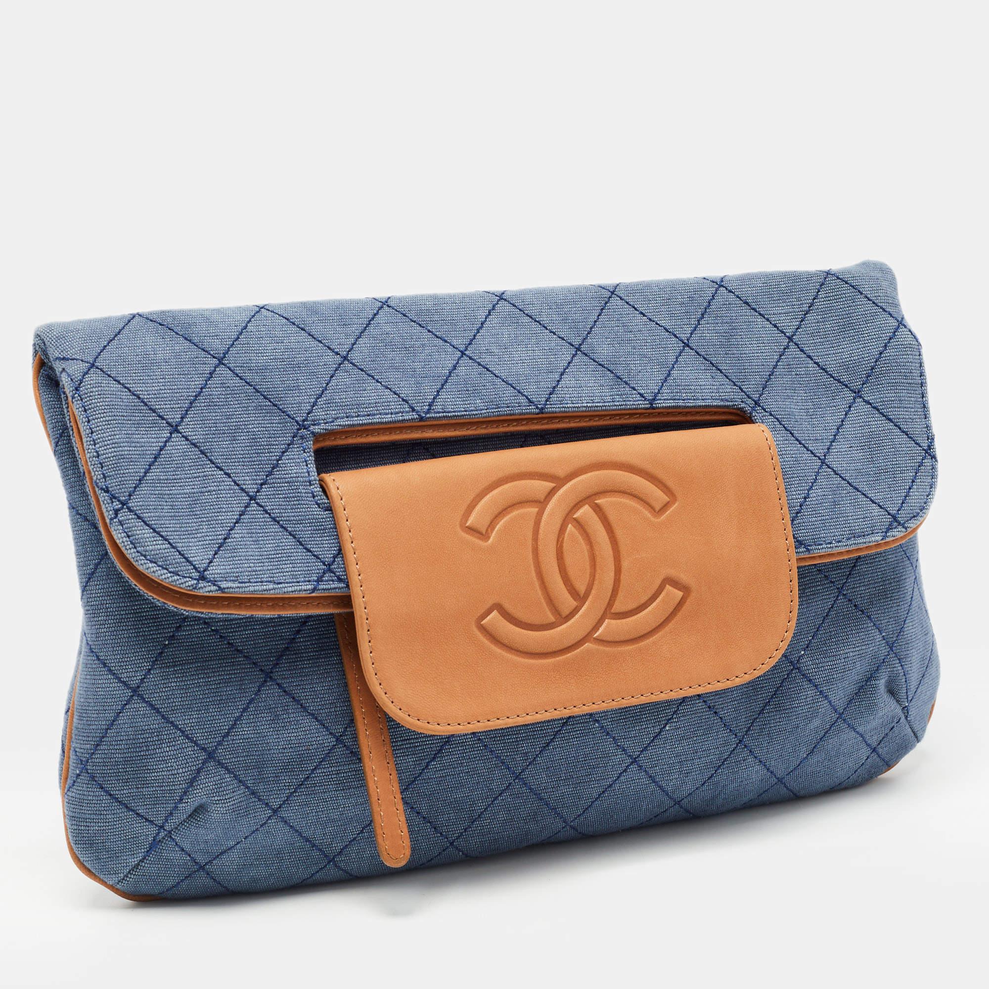 Women's Chanel Blue/Tan Quilted Denim and Leather CC Flap Clutch