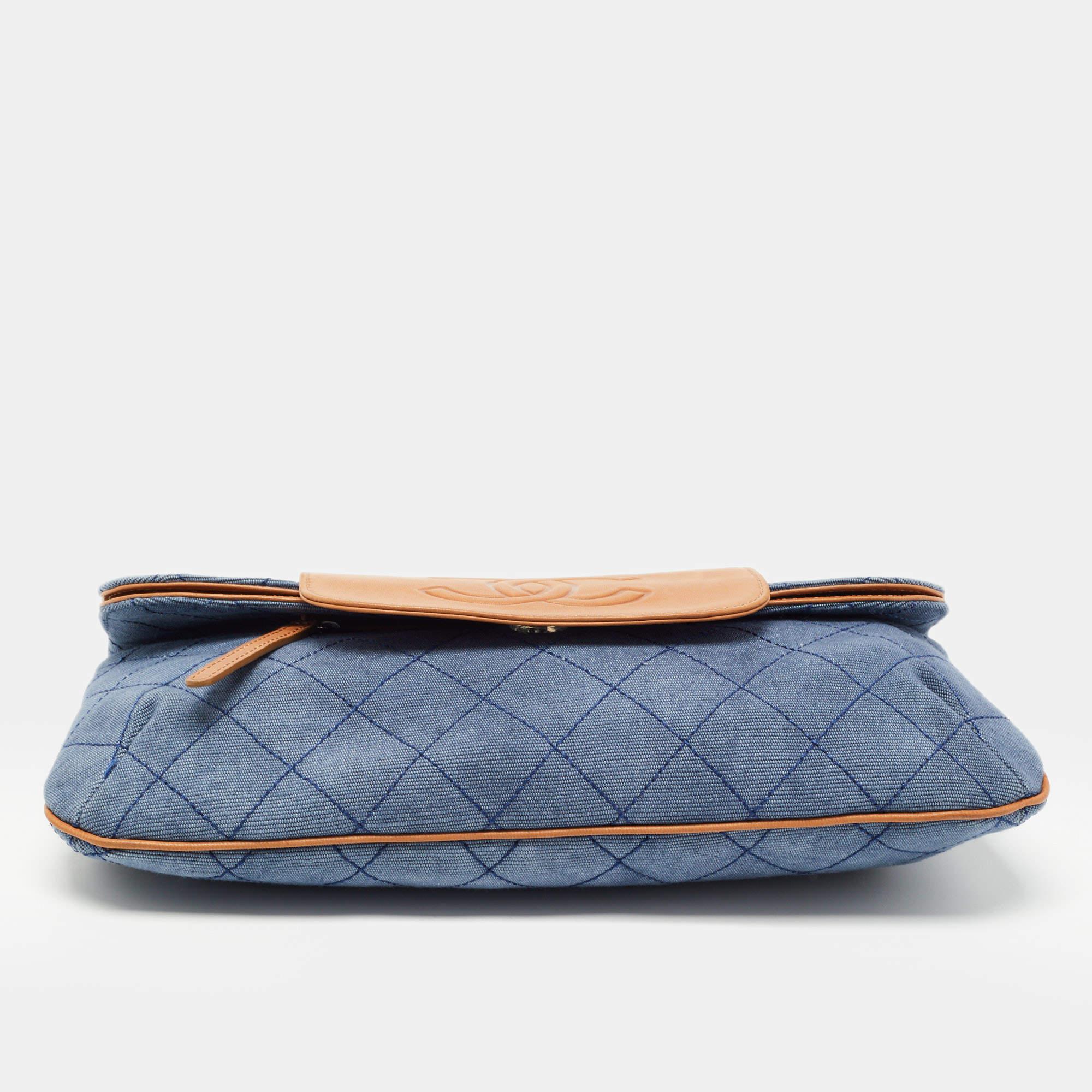 Chanel Blue/Tan Quilted Denim and Leather CC Flap Clutch 1