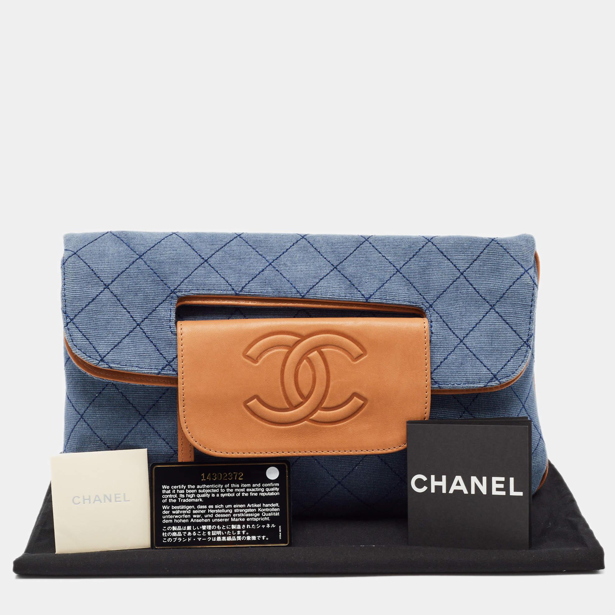 Chanel Blue/Tan Quilted Denim and Leather CC Flap Clutch 2