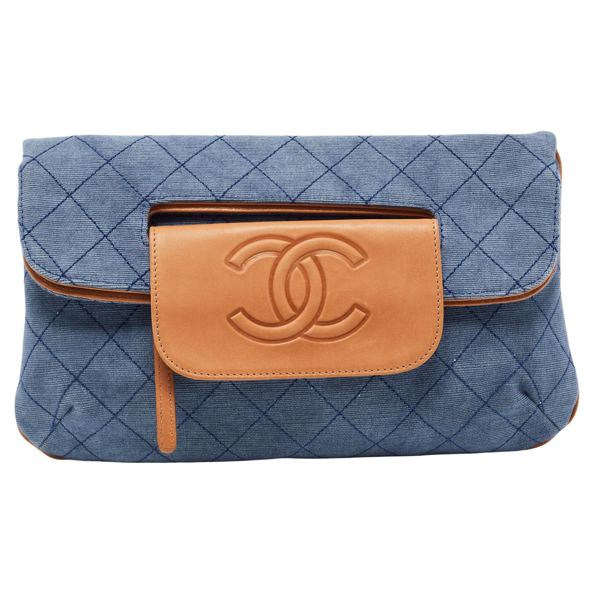 Chanel Blue/Tan Quilted Denim and Leather CC Flap Clutch at 1stDibs