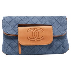 Chanel Blue/Tan Quilted Denim and Leather CC Flap Clutch