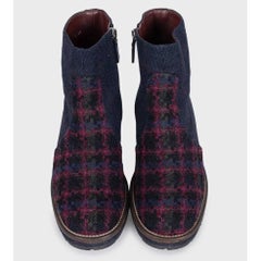 Chanel Blue Textile Logo Zip Ankle Boots Size 38.5