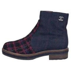 Chanel Blue Textile Logo Zip Ankle Boots Size 38.5