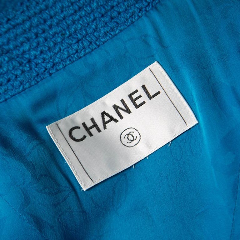 Chanel Blue Textured Slit Detail Short Sleeve Dress Coat M For Sale at ...