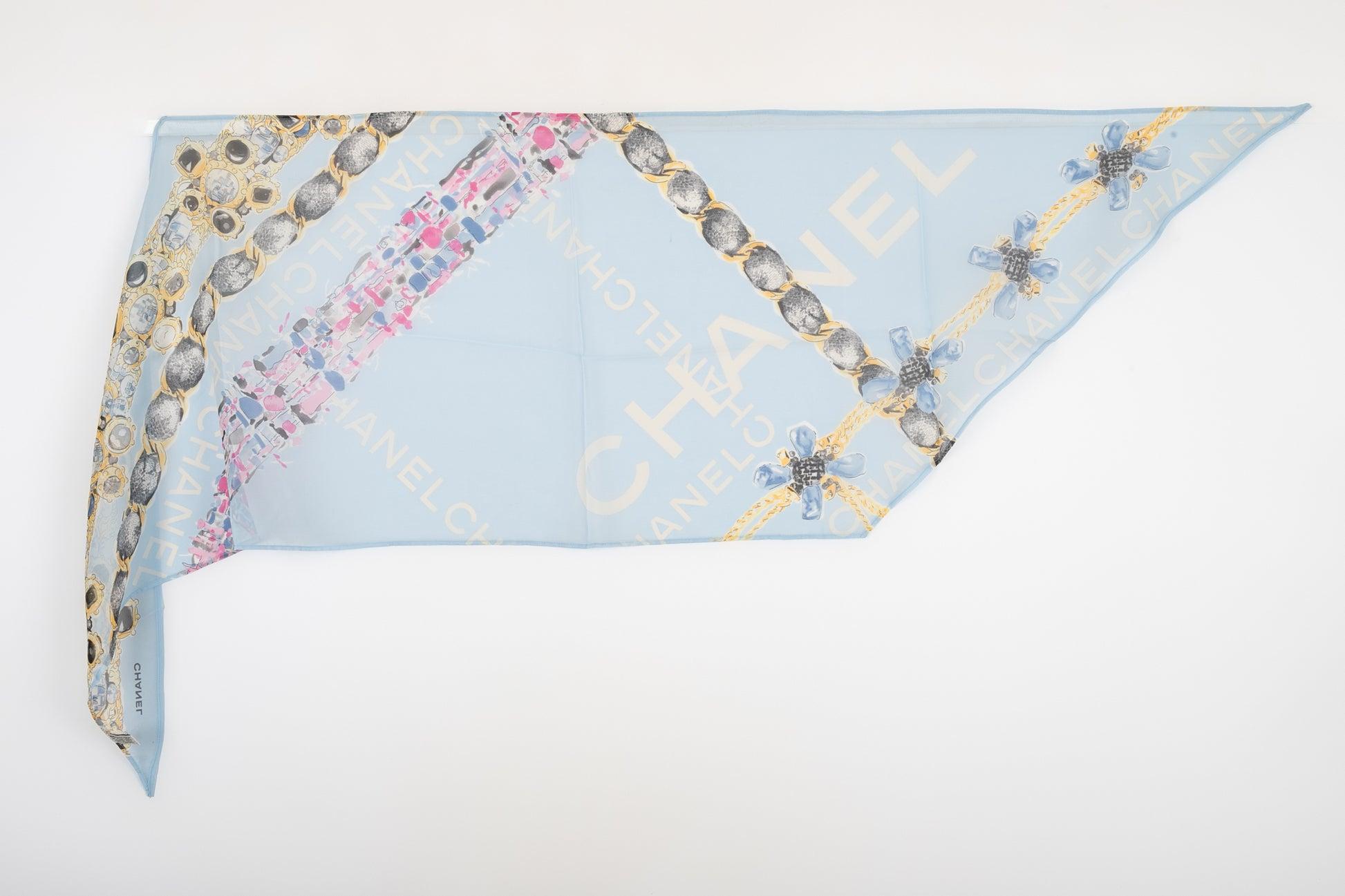 Chanel Blue-Tone Silk Muslin Foulard Printed with Jewellery Patterns 1