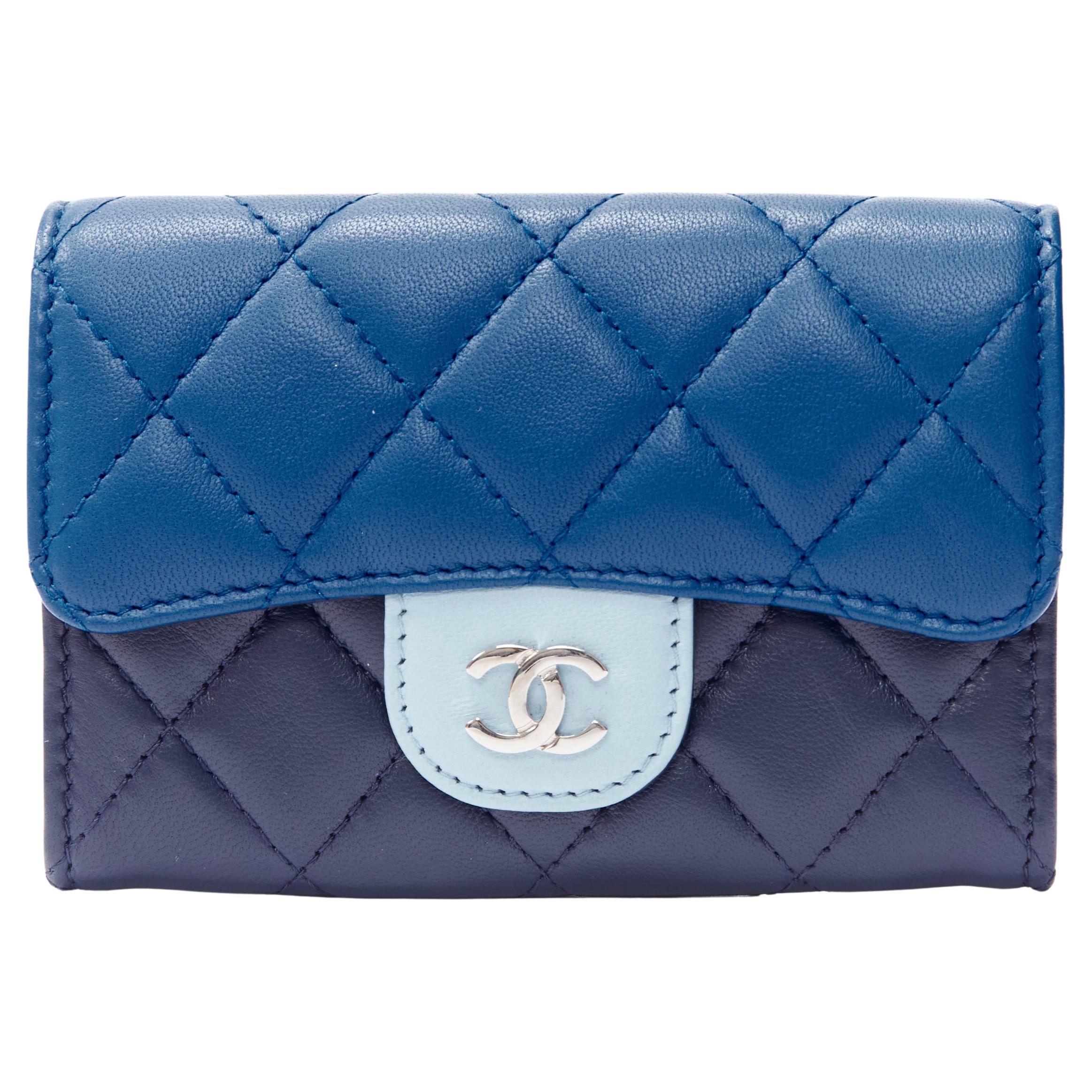 CHANEL blue tricolor lambskin diamond quilted leather CC flap PHW cardholder